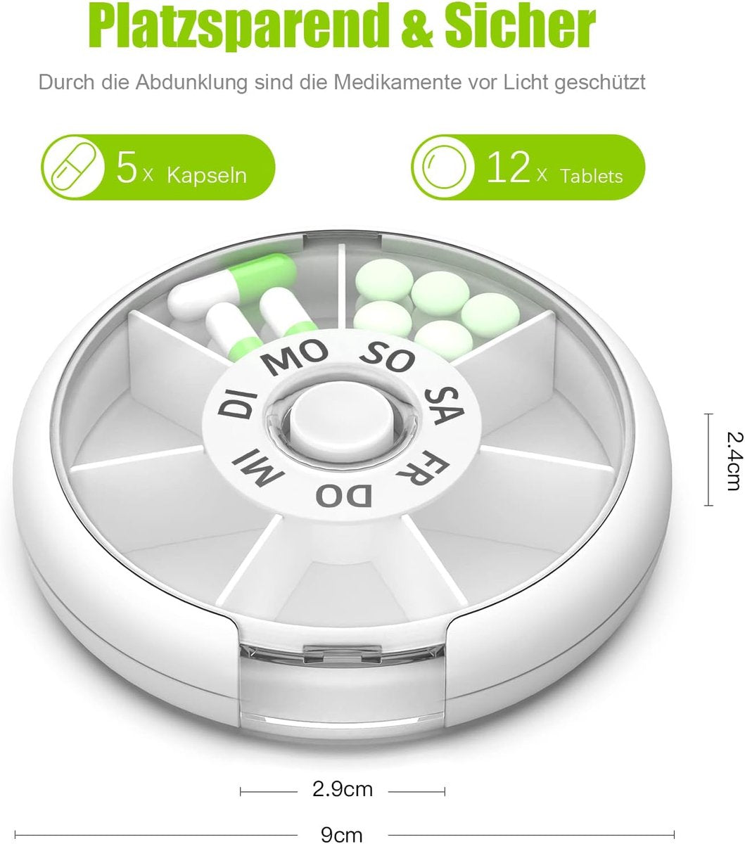 7-Day Pill Box - Portable Small Tablet Dispenser - Round Medicine Box - Practical Pill Box - Easy-to-Forget Weekly Box - For All Types of People, Elderly People, Young People, Children - White