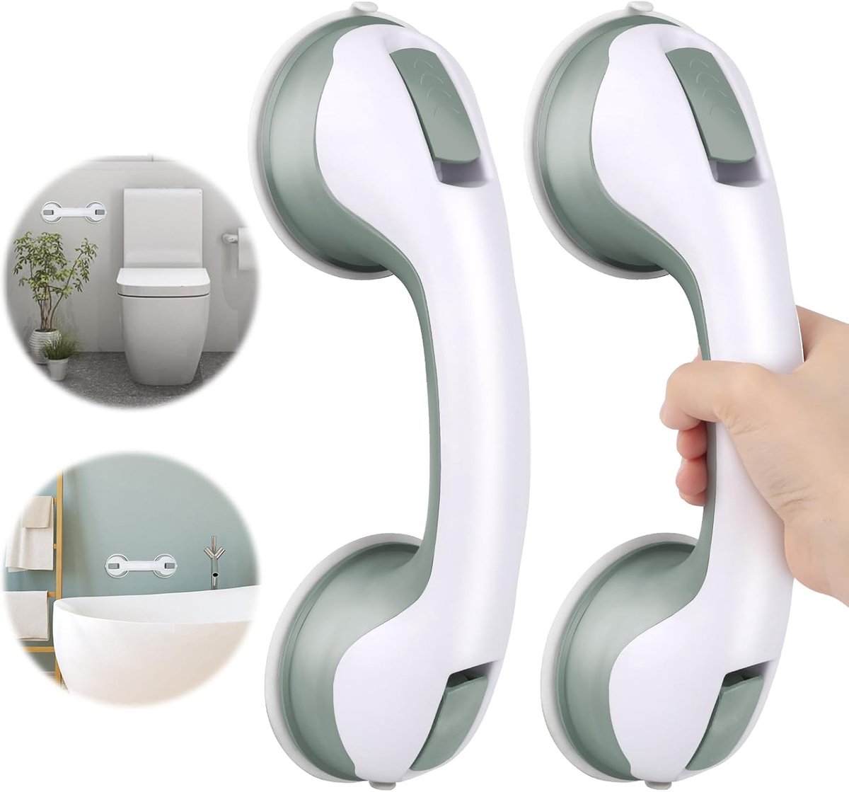 Set of 2 suction cup grab bars - Safety grab bars with suction cup for the shower - Extra handles - No drilling required - Safety grab bars - For the elderly and people with disabilities - Shower holder - White-green