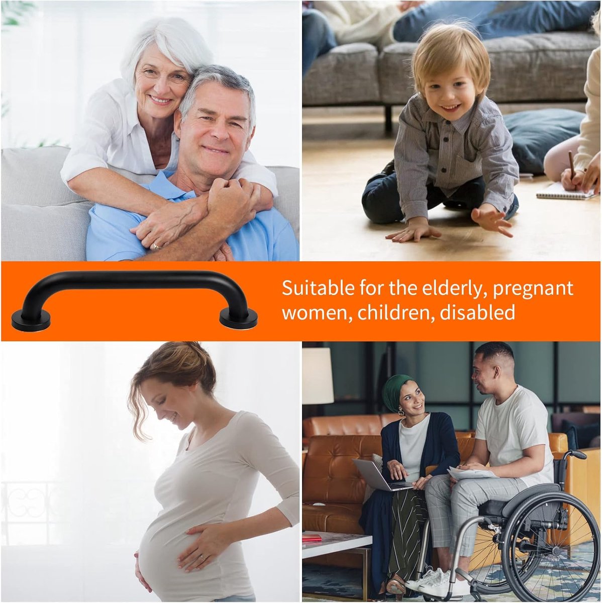 2 pieces - Armrest - 30*5 cm - Bathtub Grip - handle for the elderly - stainless steel railing - safety railings - non-slip shower grip - wall-mounted stainless steel handle - for the elderly, bathroom, kitchen - black