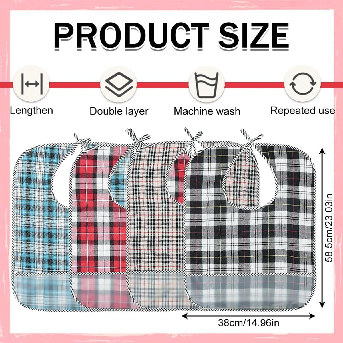 pieces - 58.5*38 cm - Adult bibs - Bib - Waterproof adult bibs - Reusable bibs - Checked bib - with crumb catcher - washable - red, blue, khaki, black
