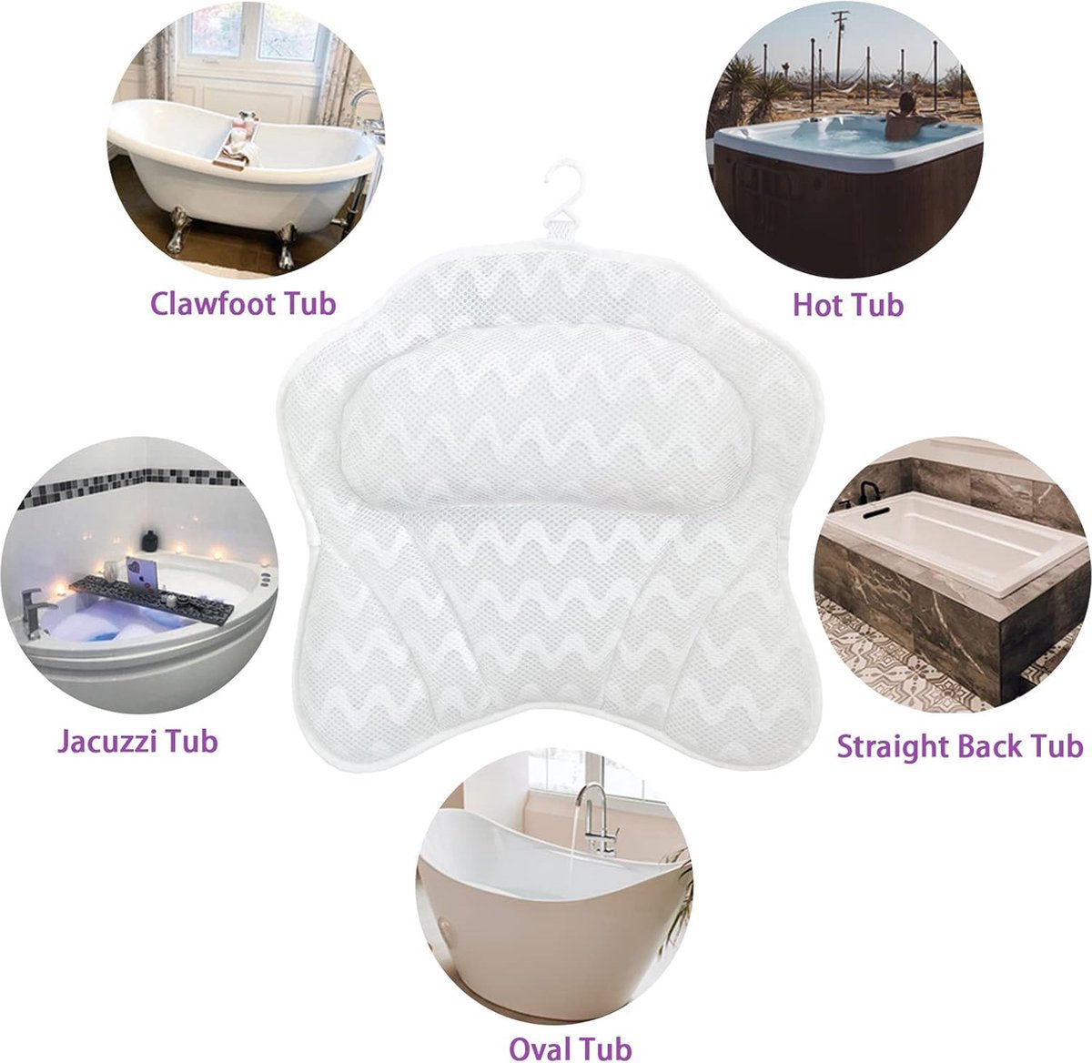 Bath Pillow - Spa Bath Pillow - Neck Pillow - Bath Pillow for the Bath - Headrest - Spa Pillow - White - with Anti-Slip Suction Cups - 42x44cm - for the Bath and Jacuzzi - Bath Accessories