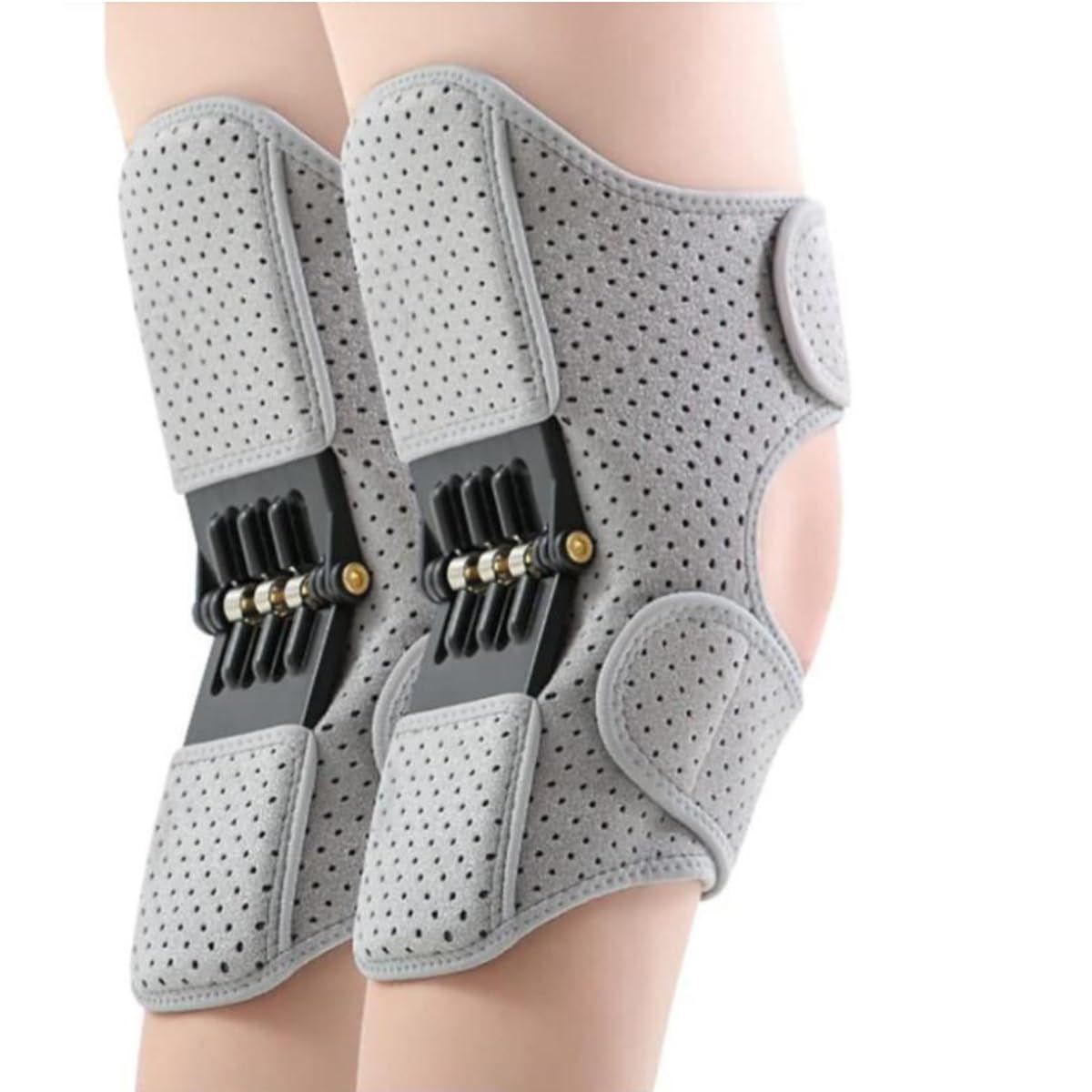A pair Spring-Powered Knee Support Brace - Boost Joint Assistance for Stairs, Squats & Daily Mobility - Ergonomic Patella Support with Adjustable Straps for Elderly & Active Adults (Gray)