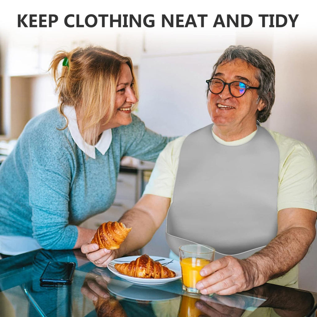 Adjustable Silicone Adult Bib, Washable Bib for Men & Women, Waterproof bib for Elderly with Crumb Catcher（Gray）