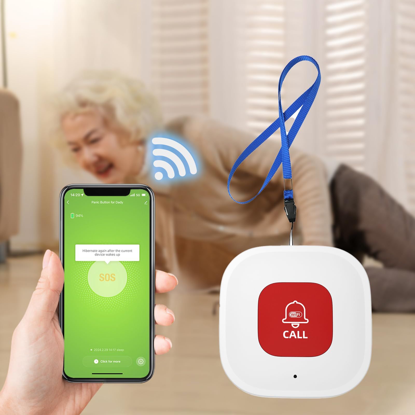 Caregiver Call Button for Elderly at Home w App Notification, Elderly Monitoring, Caregiver Pager, Life Alert Systems for Seniors , Alert Button for Seniors at Home（9.9*cm)