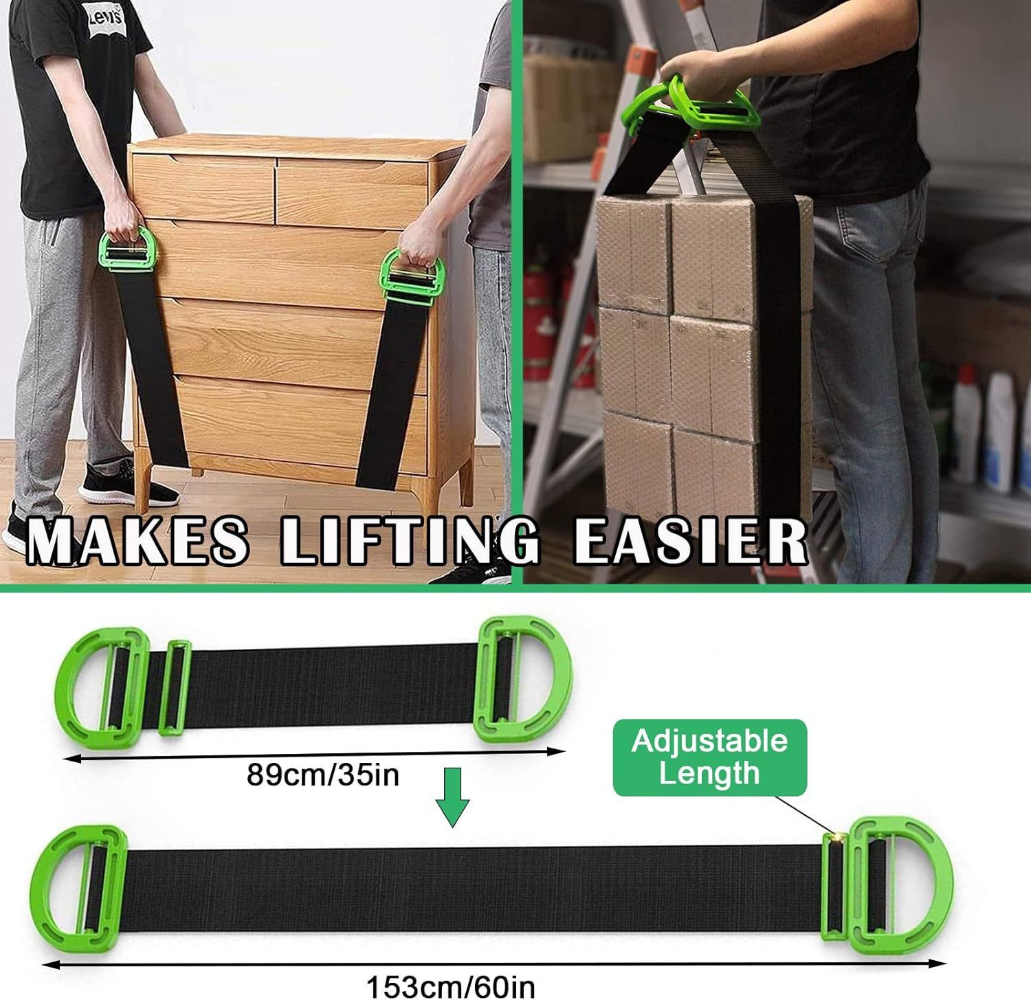 Adjustable Lifting Moving Straps - 2 Pack Furniture Moving Straps for Furniture, Boxes, Mattress, Construction Materials and Heavy, Supports Up to 600 Lbs