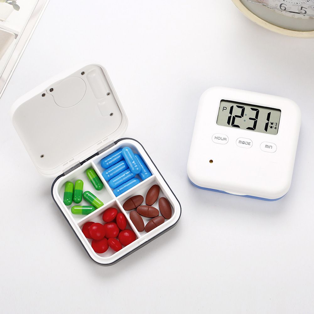 2pcs Pill Organizer,Portable Medicine Box Daily Medicine Organizer Box with Alarm Reminders-4 Compartment Medicine Pill Container Case