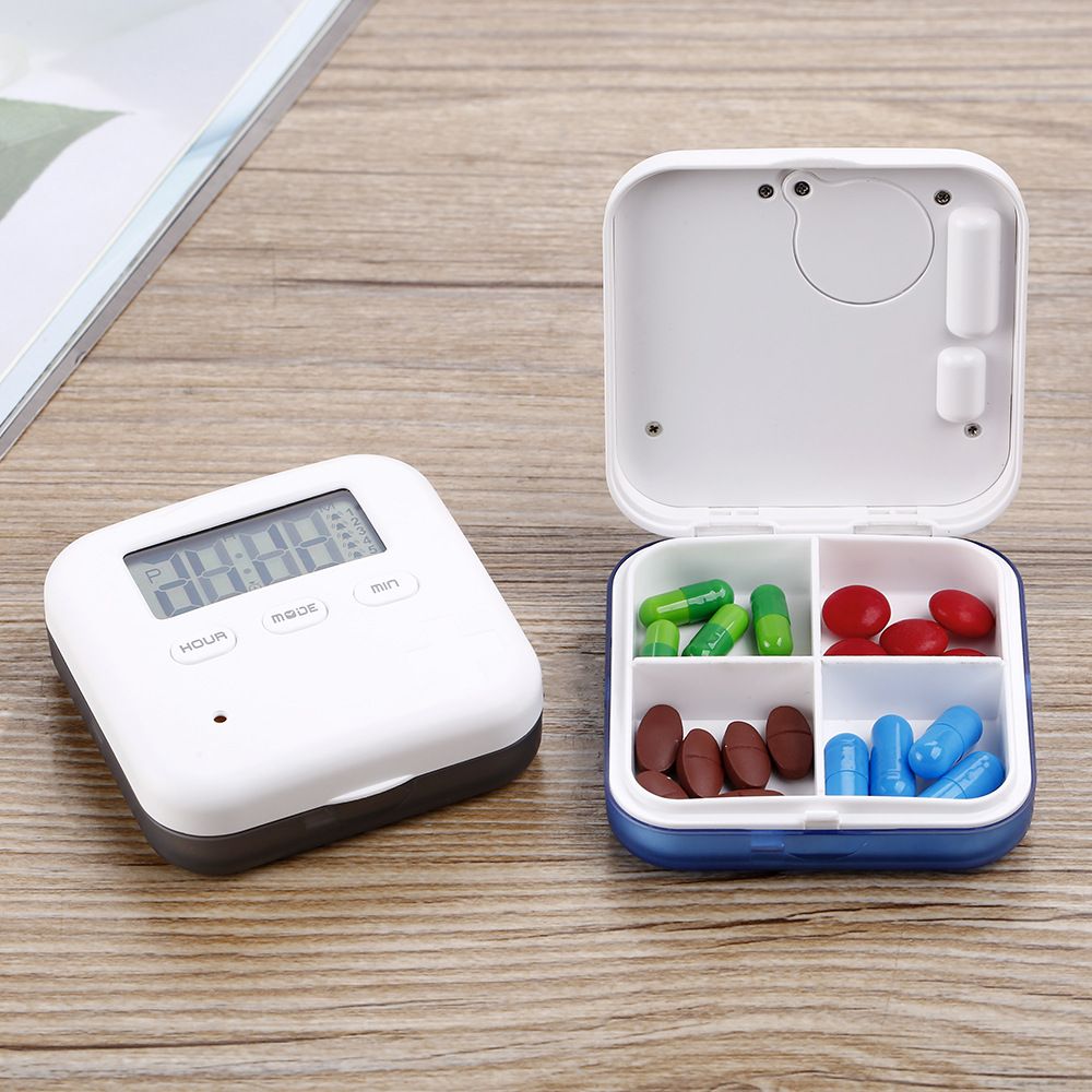 2pcs Pill Organizer,Portable Medicine Box Daily Medicine Organizer Box with Alarm Reminders-4 Compartment Medicine Pill Container Case