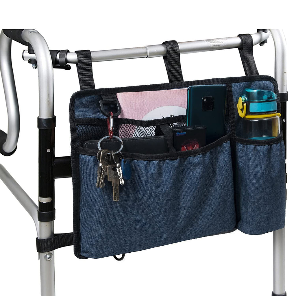 Bag Basket with Cup Holder Suit for Adult Folding Walkers Rollator Organizer Carry Storage Pouch Water-Resistant Armrest Accessories for Seniors, Elderly, Handicap, Blue
