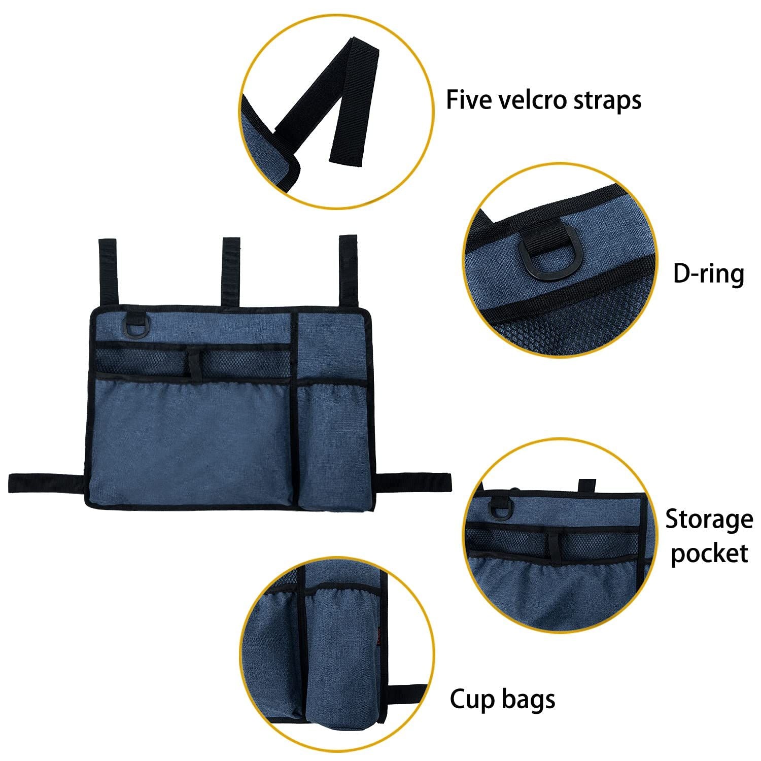 Bag Basket with Cup Holder Suit for Adult Folding Walkers Rollator Organizer Carry Storage Pouch Water-Resistant Armrest Accessories for Seniors, Elderly, Handicap, Blue
