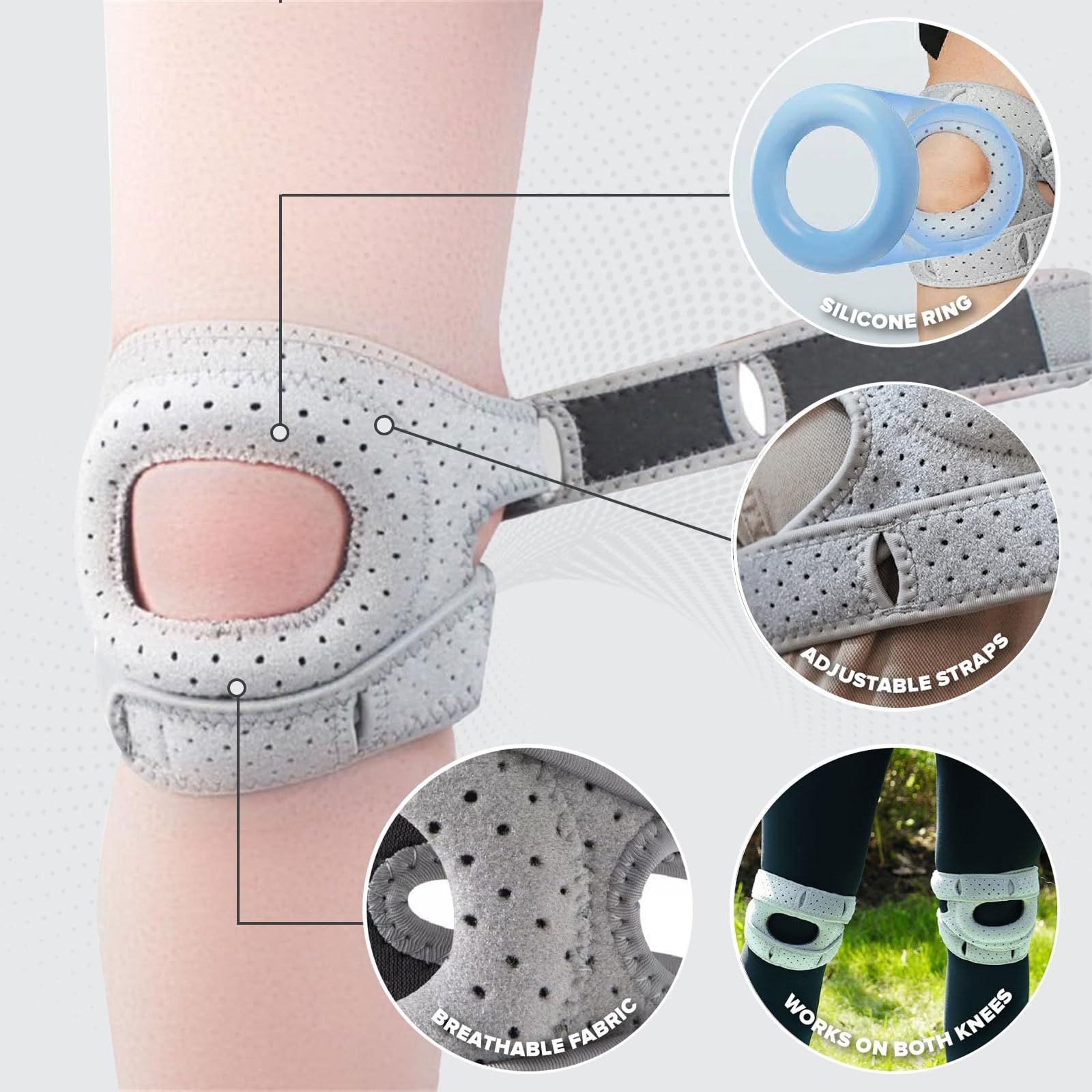 Knee Brace,a pair Knee Brace for Women Men,Pain Relief Adjustable Patellar Tendon Support Sleeves Brace Knee Joint Strap for Hiking,Tennis,Arthritis,Running,Football,Injury Recover(Grey,L)