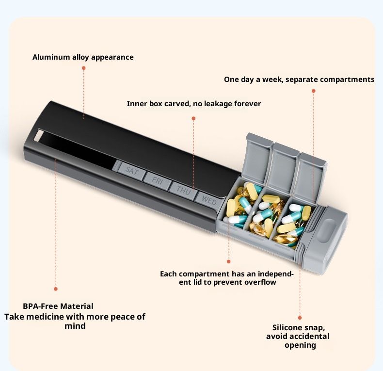 7 Day Weekly Pill Organizer Premium Stylish Aluminum Large Capacity Pill Box for Supplements, Pills, Vitamins and Medication