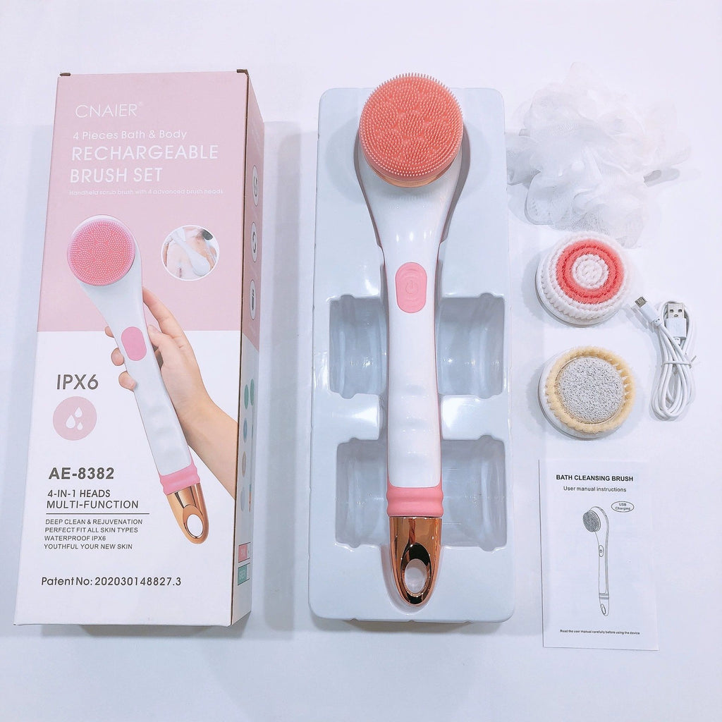 Electric Body Brush for Exfoliating and Massage, Long Handle Electric Bath Brush Rechargeable Body Scrubber, Soft Silicone Spinning Skin Brush with 4 Spin Brush Heads for Man and Women