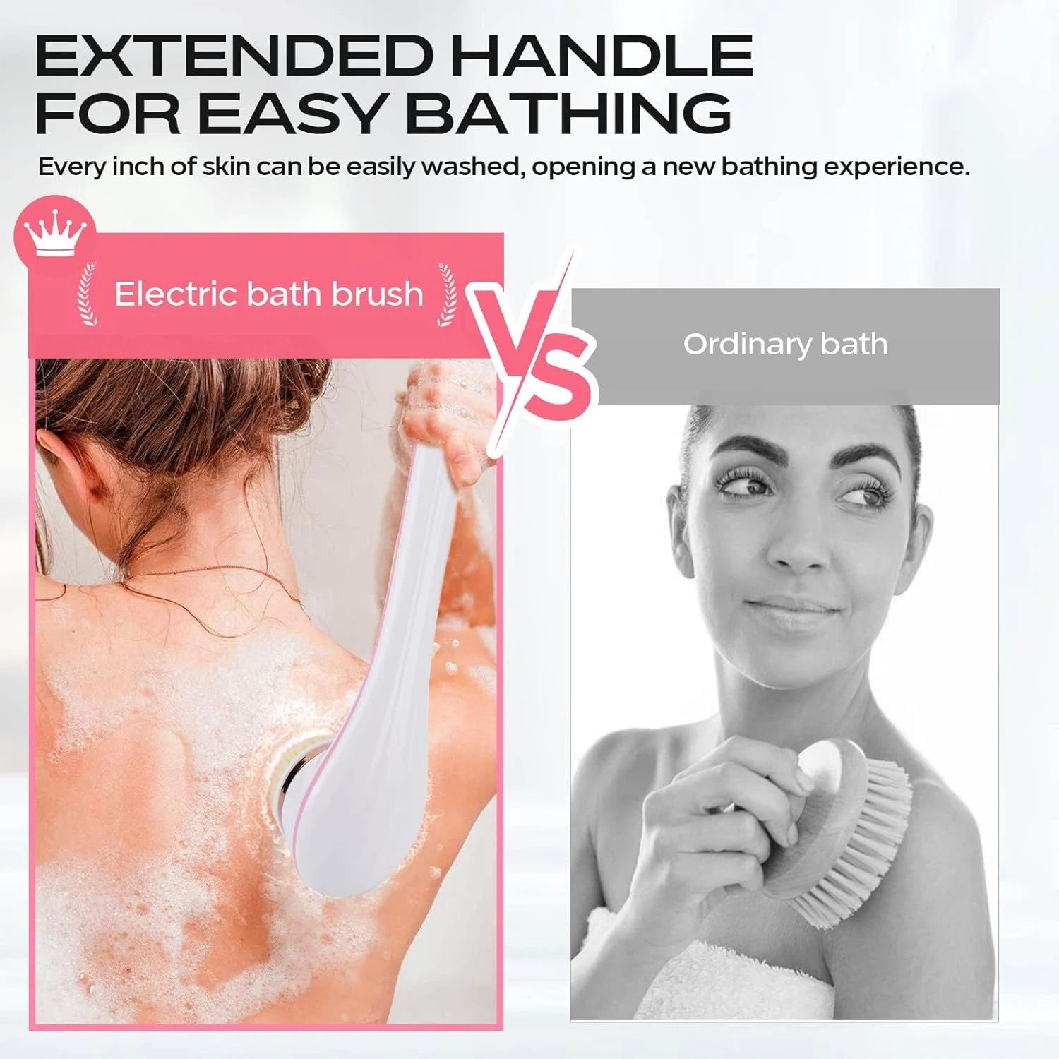 Electric Body Brush for Exfoliating and Massage, Long Handle Electric Bath Brush Rechargeable Body Scrubber, Soft Silicone Spinning Skin Brush with 4 Spin Brush Heads for Man and Women