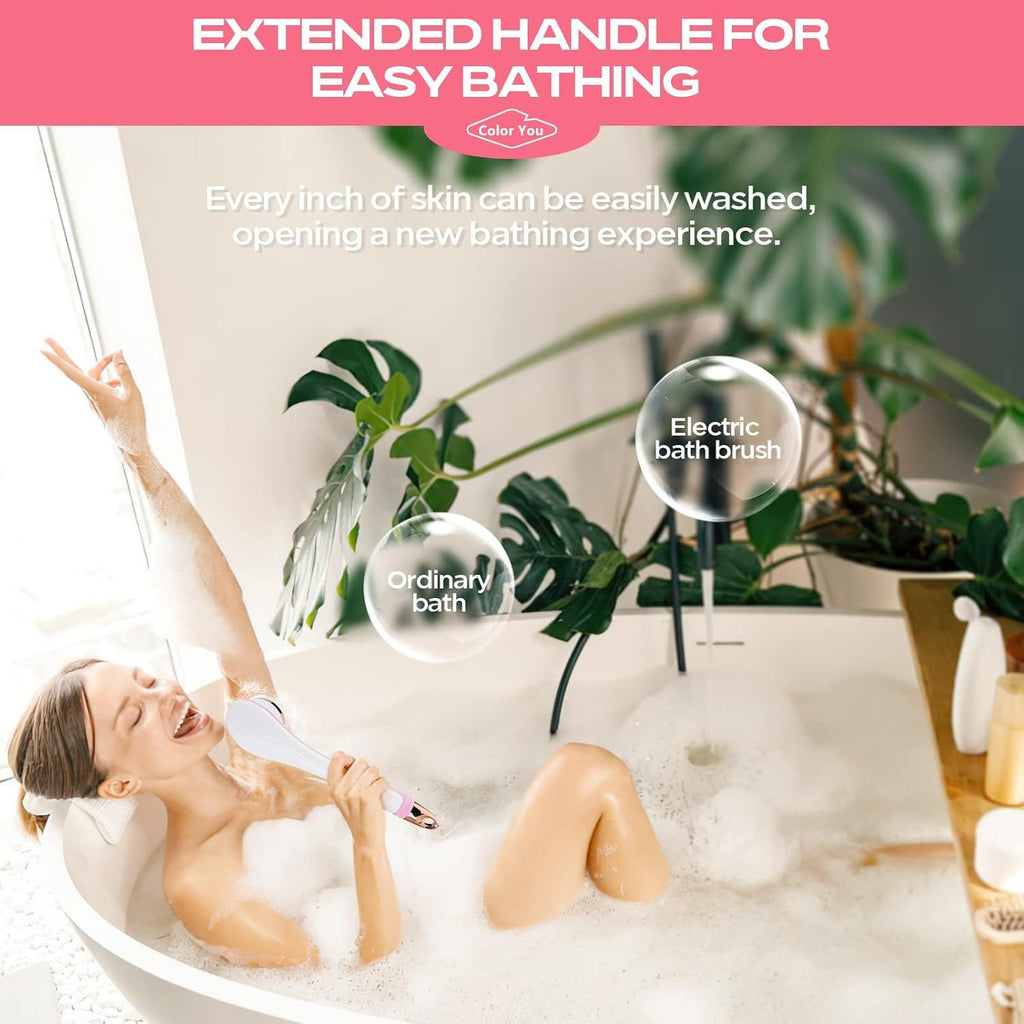 Electric Body Brush for Exfoliating and Massage, Long Handle Electric Bath Brush Rechargeable Body Scrubber, Soft Silicone Spinning Skin Brush with 4 Spin Brush Heads for Man and Women