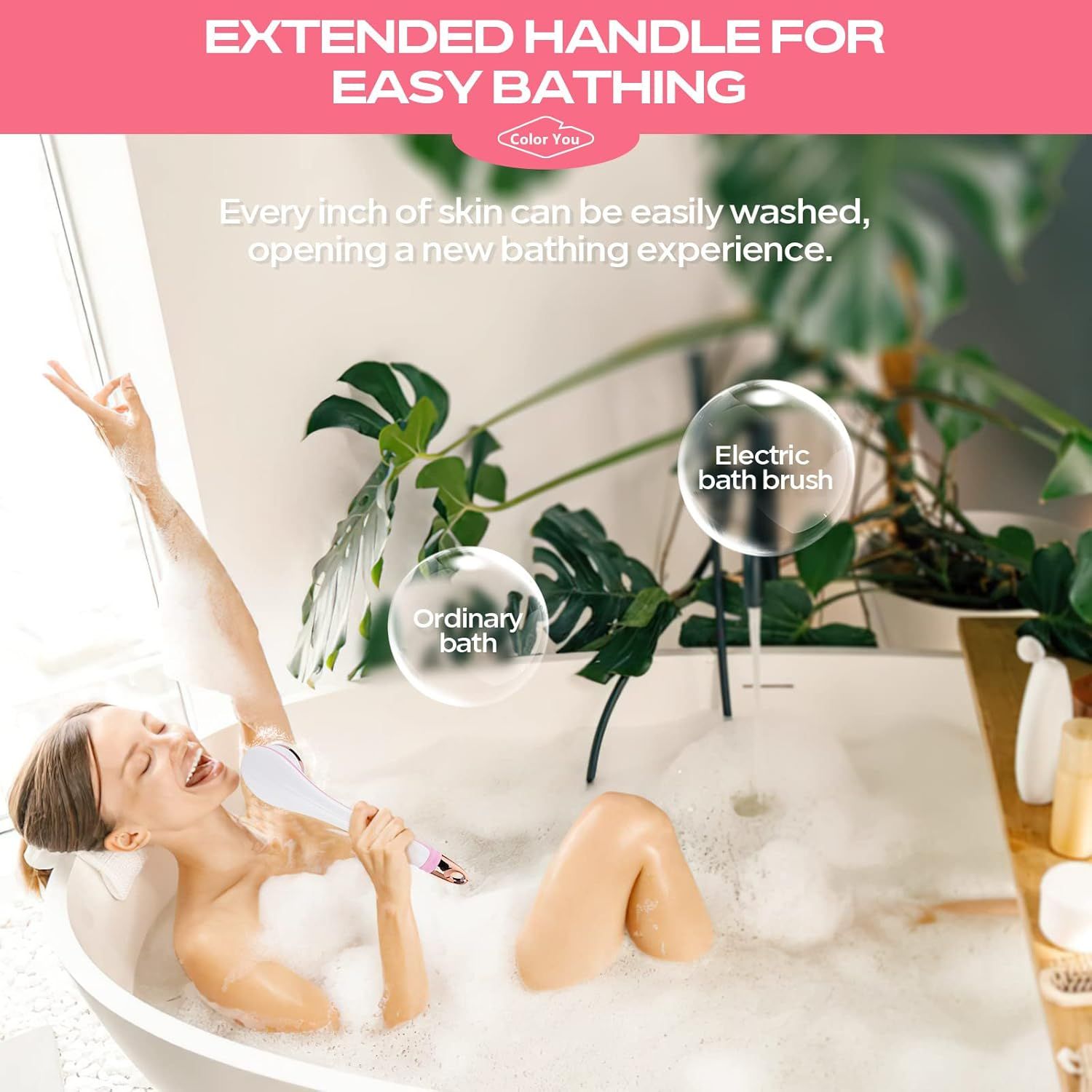 Electric Body Brush for Exfoliating and Massage, Long Handle Electric Bath Brush Rechargeable Body Scrubber, Soft Silicone Spinning Skin Brush with 4 Spin Brush Heads for Man and Women