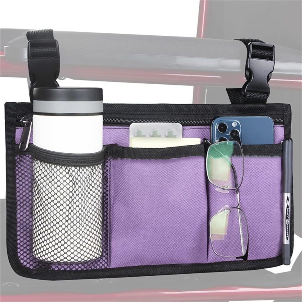 Wheelchair Side Bag, Armrest Storage Pouch with Cup Holder Use of Waterproof Fabric, for Most Wheelchairs, Walkers or Rollators (Purple)