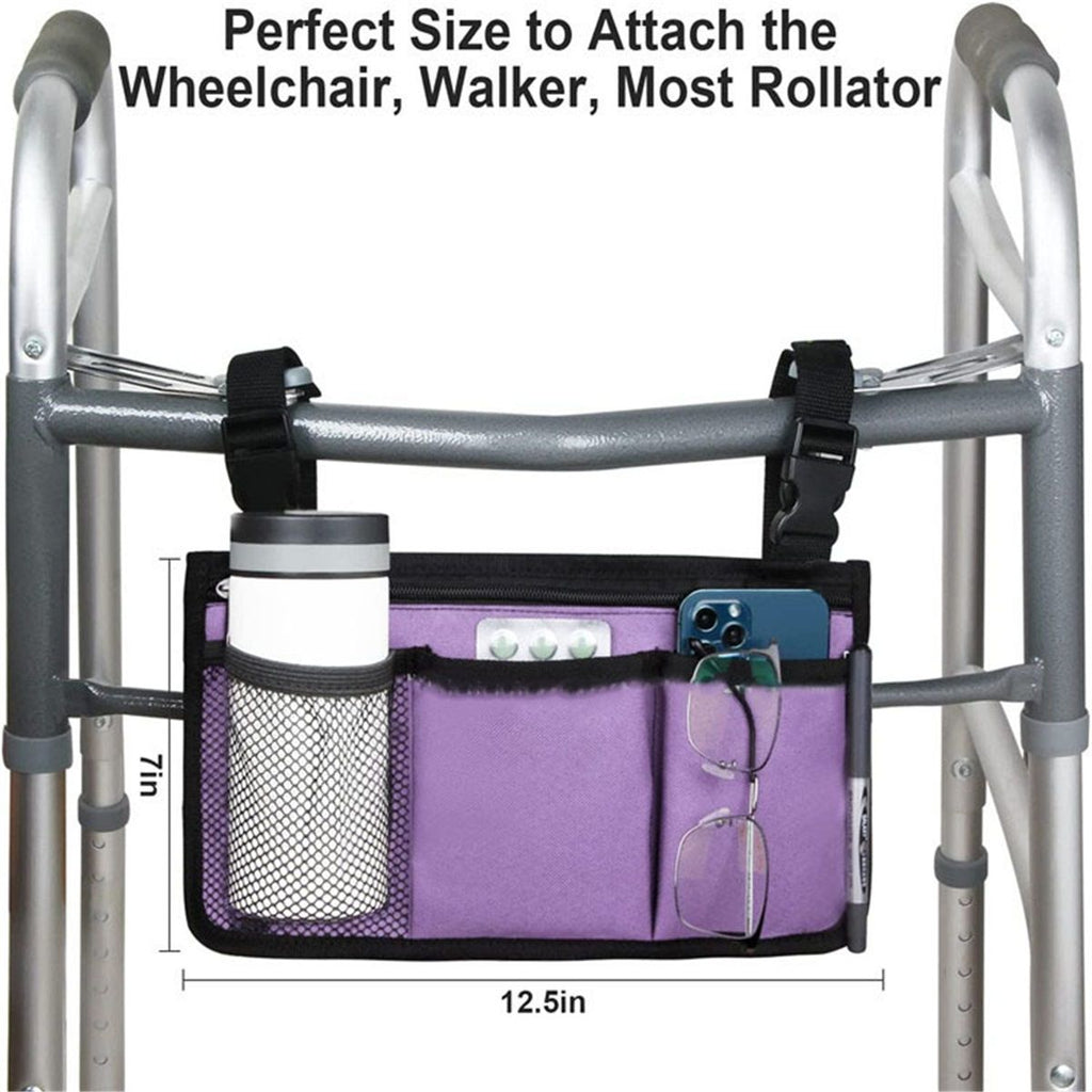 Wheelchair Side Bag, Armrest Storage Pouch with Cup Holder Use of Waterproof Fabric, for Most Wheelchairs, Walkers or Rollators (Purple)
