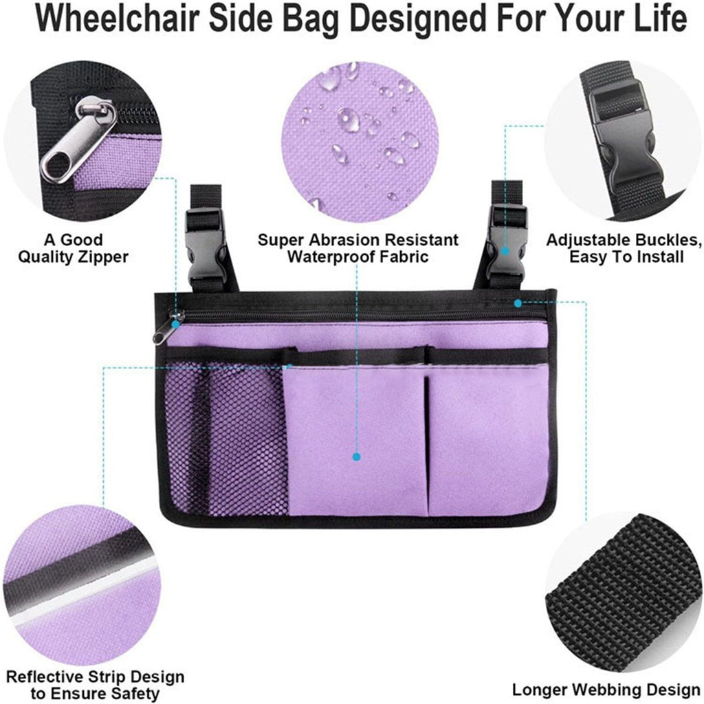 Wheelchair Side Bag, Armrest Storage Pouch with Cup Holder Use of Waterproof Fabric, for Most Wheelchairs, Walkers or Rollators (Purple)