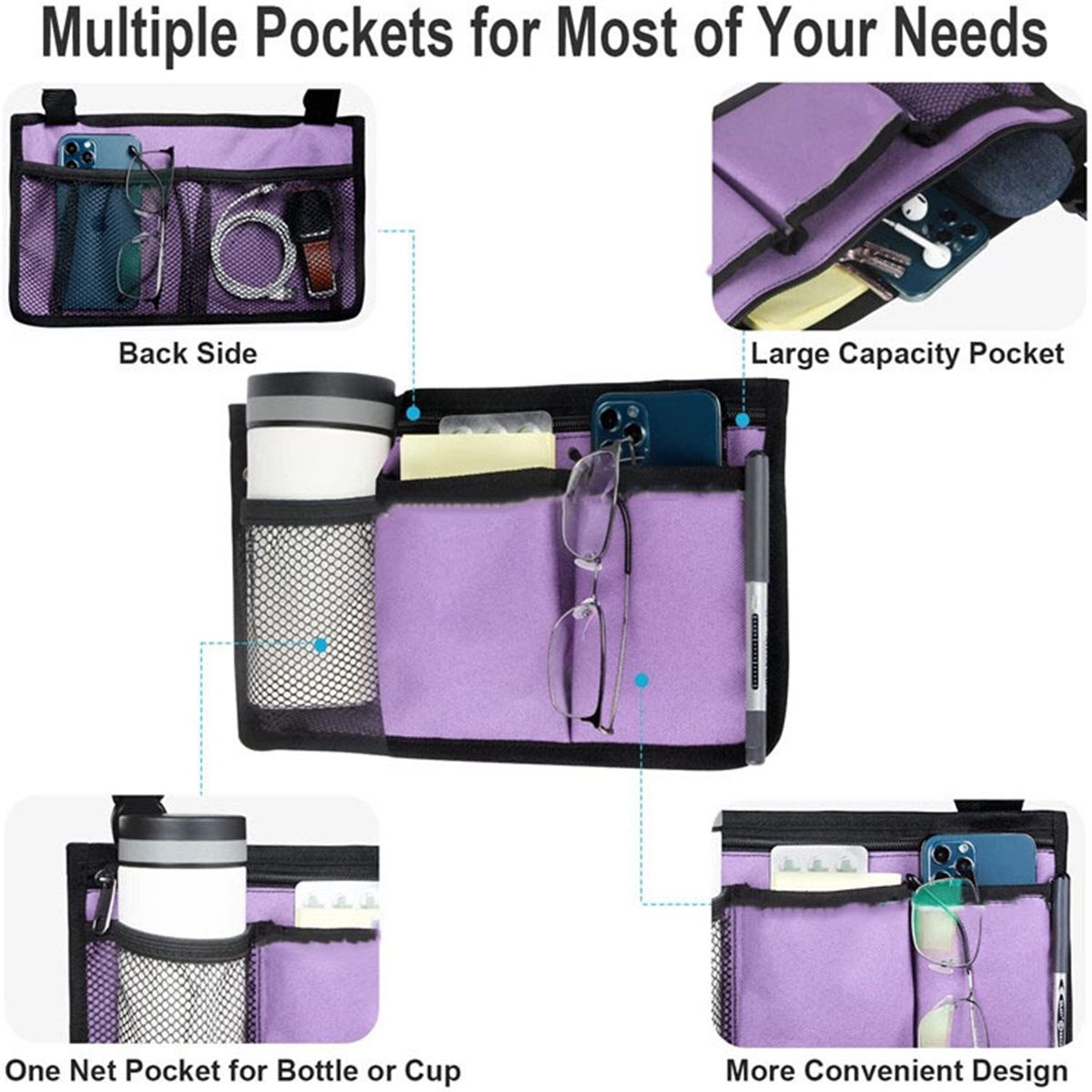 Wheelchair Side Bag, Armrest Storage Pouch with Cup Holder Use of Waterproof Fabric, for Most Wheelchairs, Walkers or Rollators (Purple)