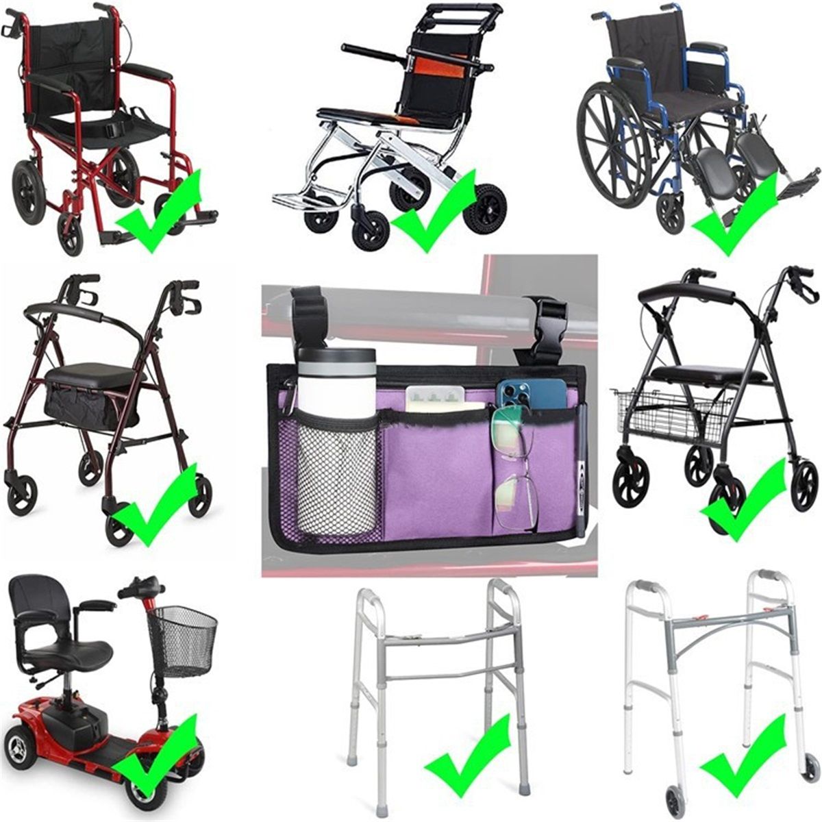 Wheelchair Side Bag, Armrest Storage Pouch with Cup Holder Use of Waterproof Fabric, for Most Wheelchairs, Walkers or Rollators (Purple)