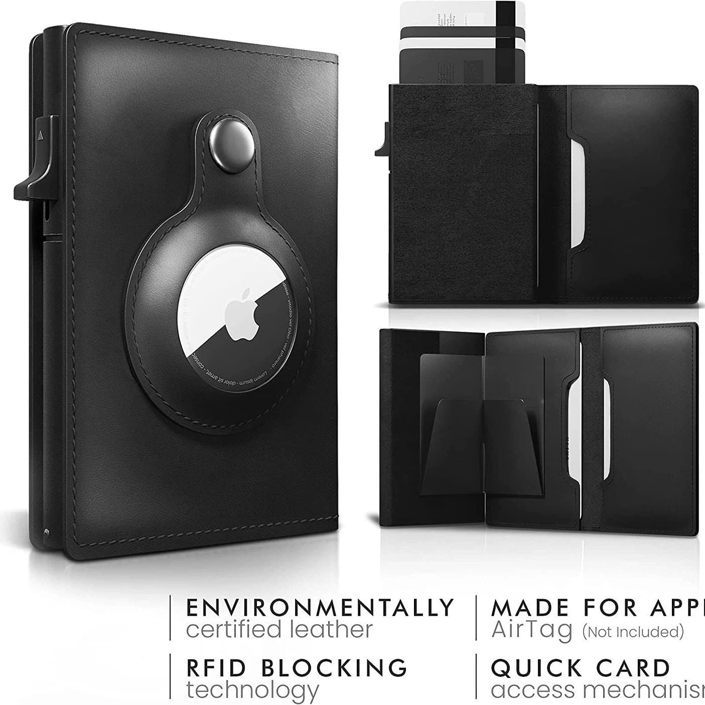 AirTag Wallet Genuine Leather Air Tag Wallet RFID Technology Credit Card Holder with Minimalist Wallet for Men for Apple AirTag (No Airtag Included)(Black)