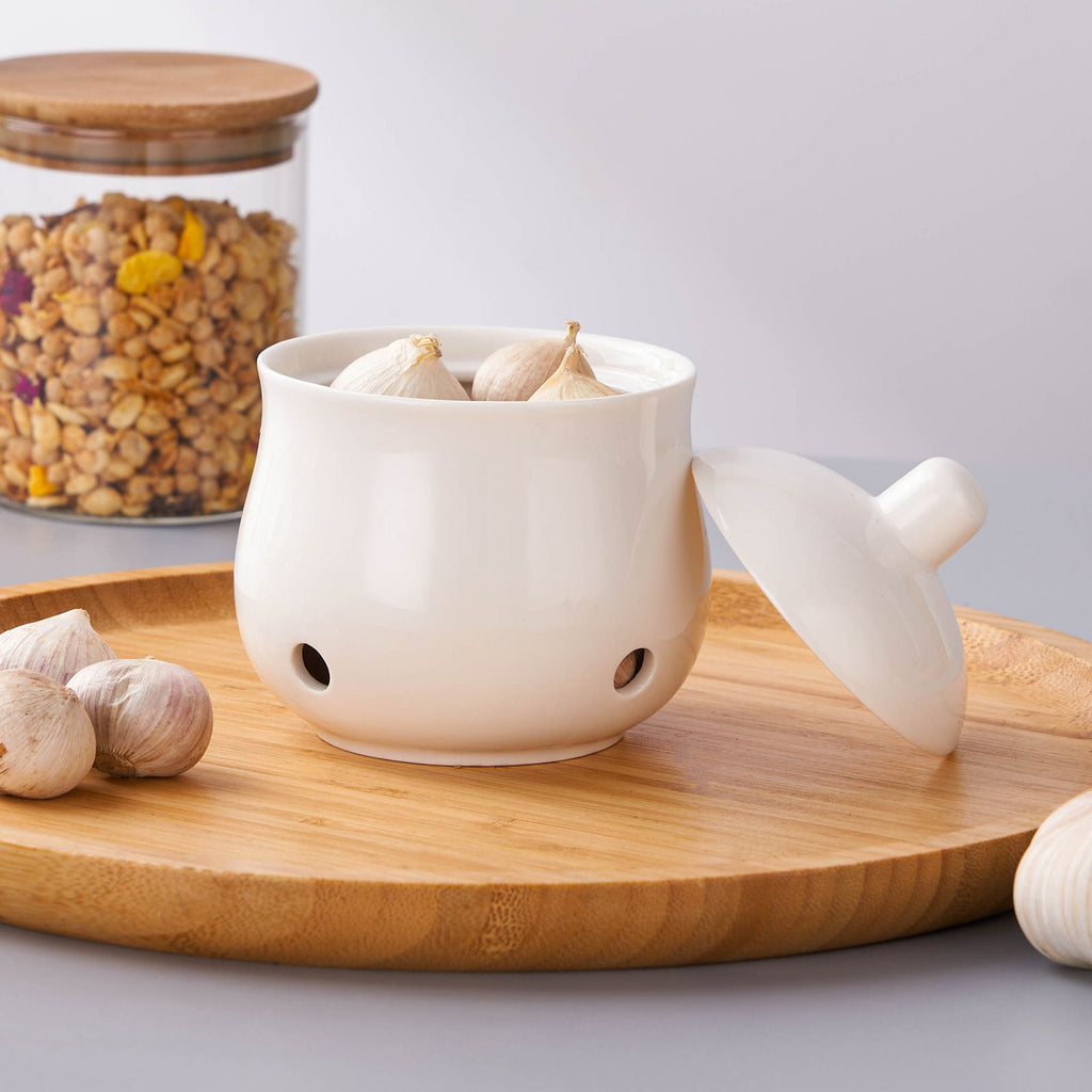Garlic Storage Pod Ceramic Garlic Keeper with Lid Large Garlic Container for Counter Breathable storage container, White