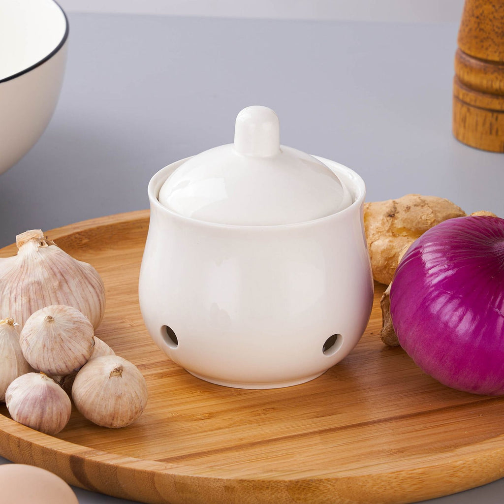 Garlic Storage Pod Ceramic Garlic Keeper with Lid Large Garlic Container for Counter Breathable storage container, White