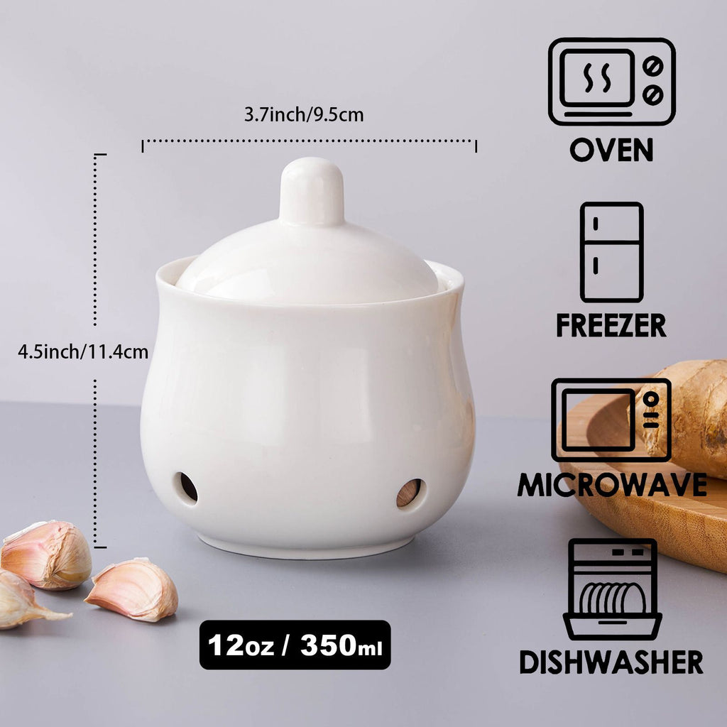 Garlic Storage Pod Ceramic Garlic Keeper with Lid Large Garlic Container for Counter Breathable storage container, White