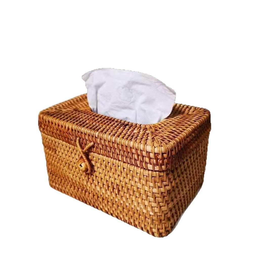 Rectangle Tissue Box Cover, Woven Tissue Box Holder with Lid, Wicker Tissue Holder for Bathroom Toilet Living Room Bedroom Table Desk Home Office Car, Coffee