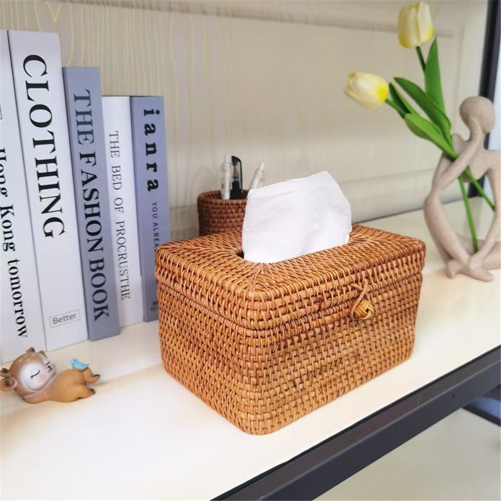 Rectangle Tissue Box Cover, Woven Tissue Box Holder with Lid, Wicker Tissue Holder for Bathroom Toilet Living Room Bedroom Table Desk Home Office Car, Coffee