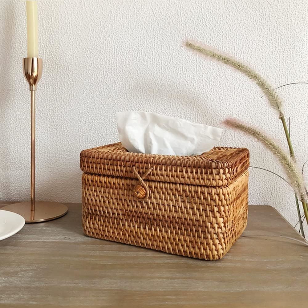 Rectangle Tissue Box Cover, Woven Tissue Box Holder with Lid, Wicker Tissue Holder for Bathroom Toilet Living Room Bedroom Table Desk Home Office Car, Coffee