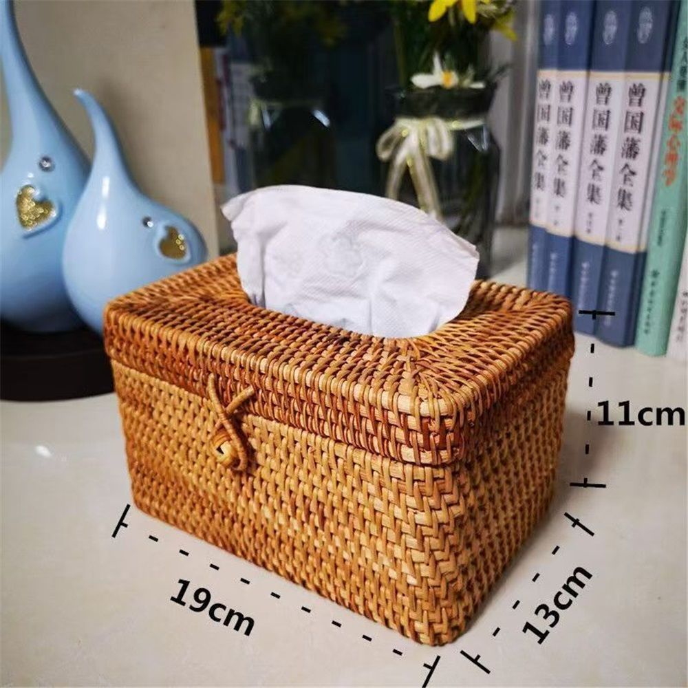 Rectangle Tissue Box Cover, Woven Tissue Box Holder with Lid, Wicker Tissue Holder for Bathroom Toilet Living Room Bedroom Table Desk Home Office Car, Coffee