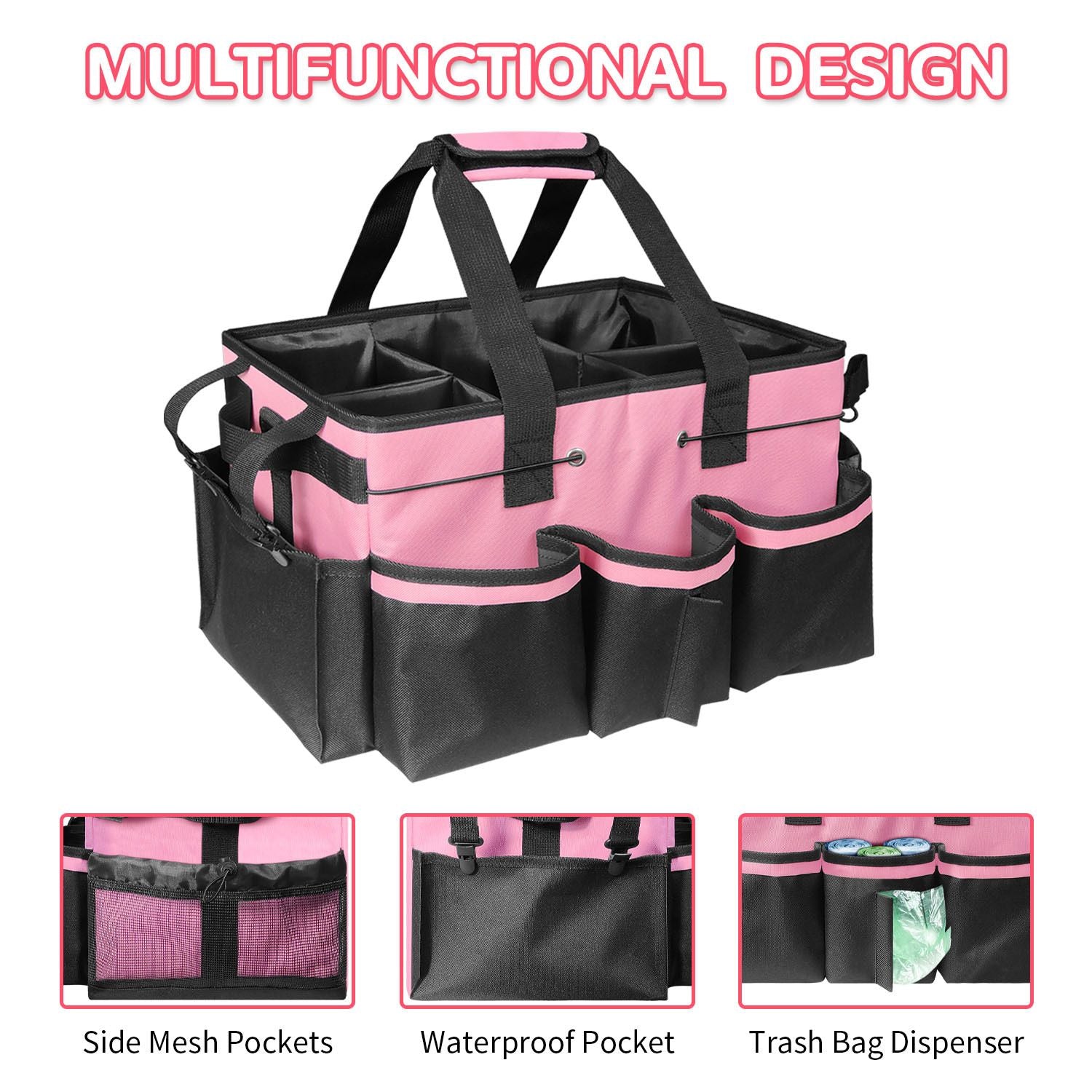 Cleaning storage bag with handle, shoulder strap storage, cleaning tool storage, cleaner and butler tote bag (pink)