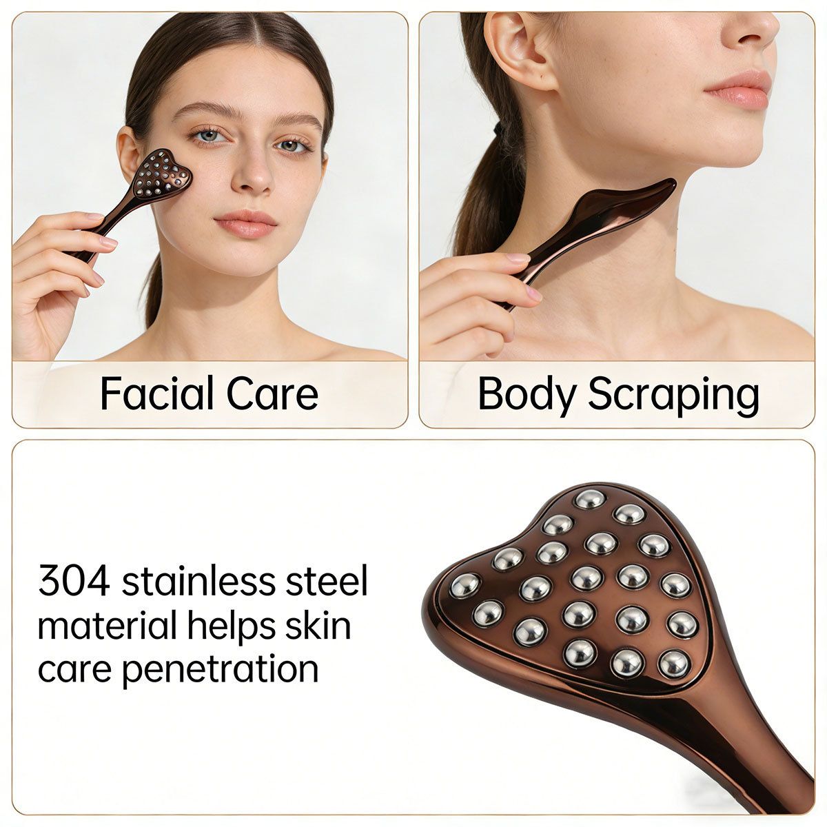 304 Stainless Steel Heart Shaped Roller Ball Massager: Face Lifting and Eye Soothing, Body Scraping and Relaxation, Lightweight and Portable, One Tool for Skincare and Body Care(coffee color)