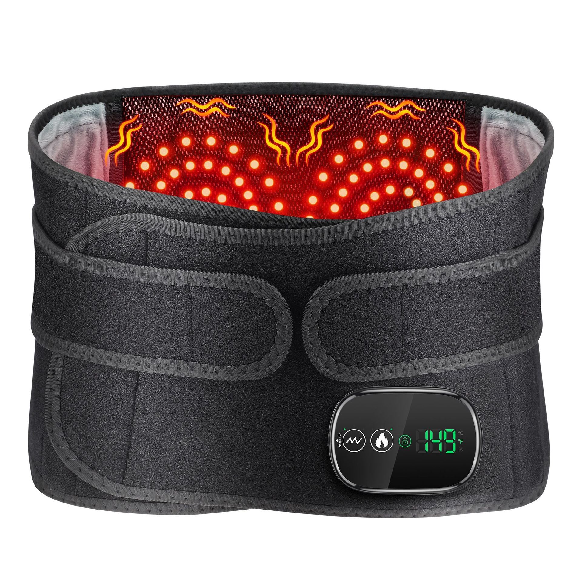 Heated Waist Belt with Vibration Massage – Infrared Heat Therapy, 3 Temp Levels, Rechargeable & Adjustable Strap（BLACK)
