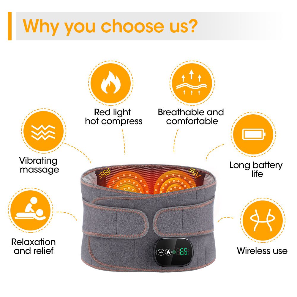Heated Waist Belt with Vibration Massage – Infrared Heat Therapy, 3 Temp Levels, Rechargeable & Adjustable Strap（BLACK)