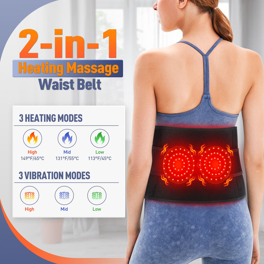 Heated Waist Belt with Vibration Massage – Infrared Heat Therapy, 3 Temp Levels, Rechargeable & Adjustable Strap（BLACK)