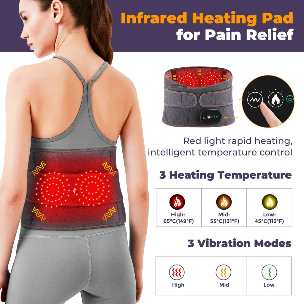 Heated Waist Belt with Vibration Massage – Infrared Heat Therapy, 3 Temp Levels, Rechargeable & Adjustable Strap（BLACK)