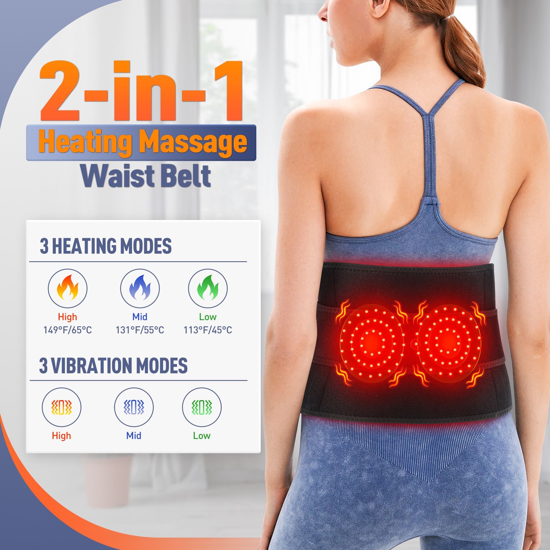 Heated Waist Belt with Vibration Massage – Infrared Heat Therapy, 3 Temp Levels, Rechargeable & Adjustable Strap (GREY)