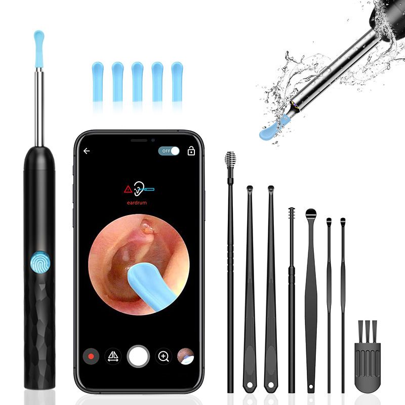 8-Piece Smart Visual Ear Cleaner, 1080P HD AI Warning, IP67 Waterproof Silicone Soft Tip, Safe and Comfortable Comfortable(black)