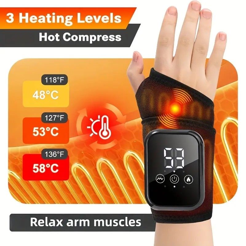 Heated Wrist Massager with Infrared Therapy - 3 Heat & 3 Vibration Levels, Rechargeable, Ergonomic Design