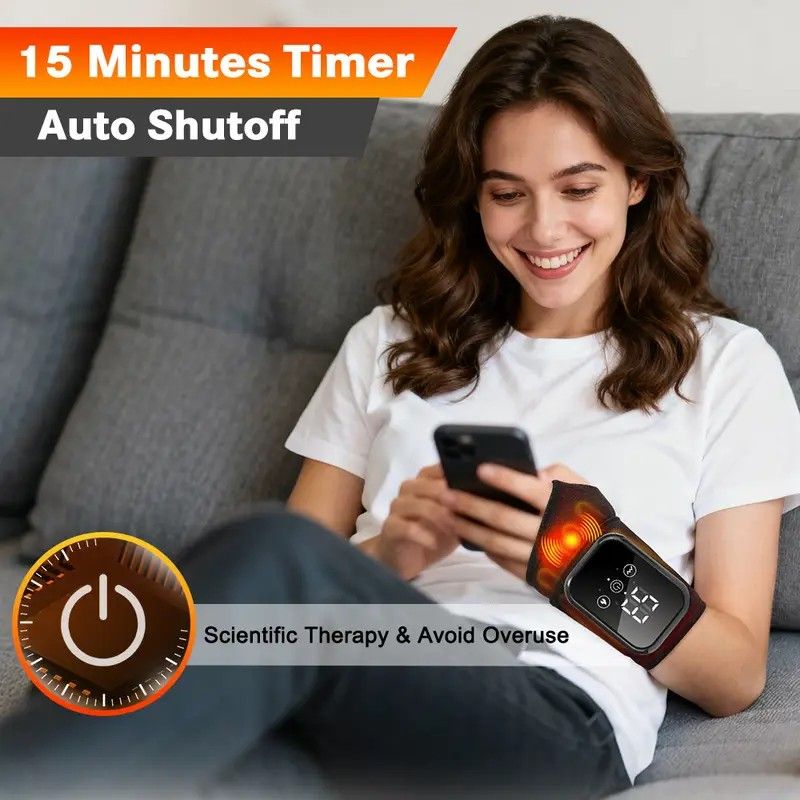 Heated Wrist Massager with Infrared Therapy - 3 Heat & 3 Vibration Levels, Rechargeable, Ergonomic Design