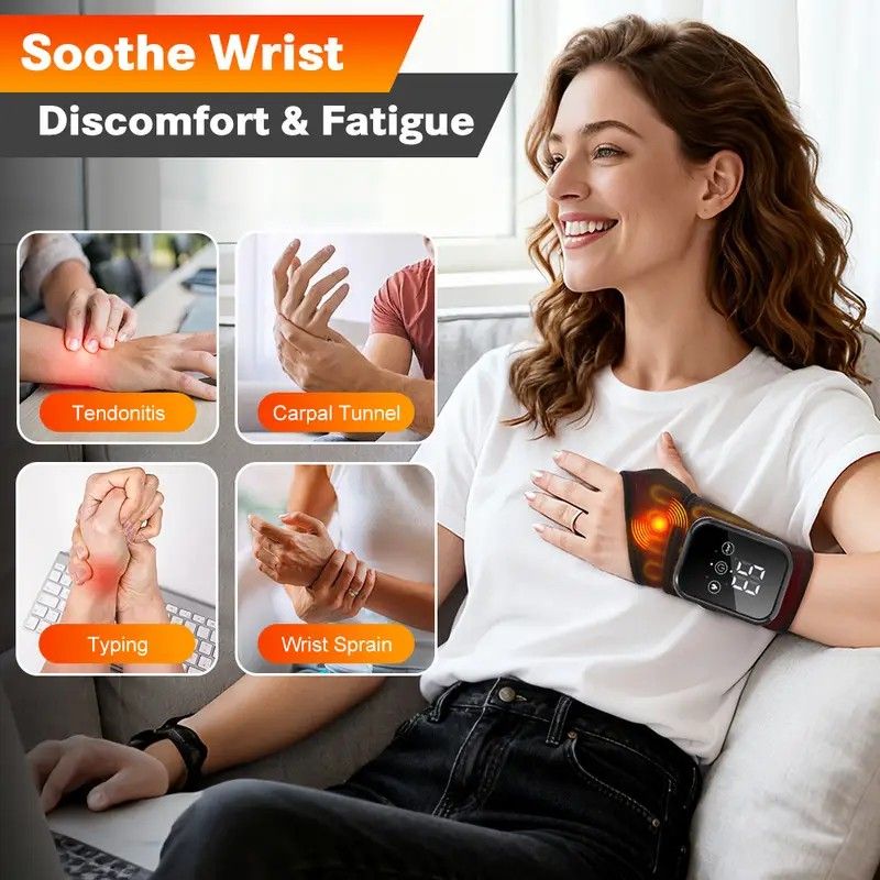 Heated Wrist Massager with Infrared Therapy - 3 Heat & 3 Vibration Levels, Rechargeable, Ergonomic Design