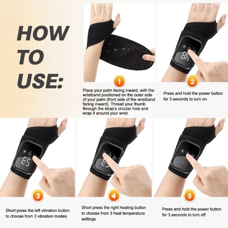 Heated Wrist Massager with Infrared Therapy - 3 Heat & 3 Vibration Levels, Rechargeable, Ergonomic Design