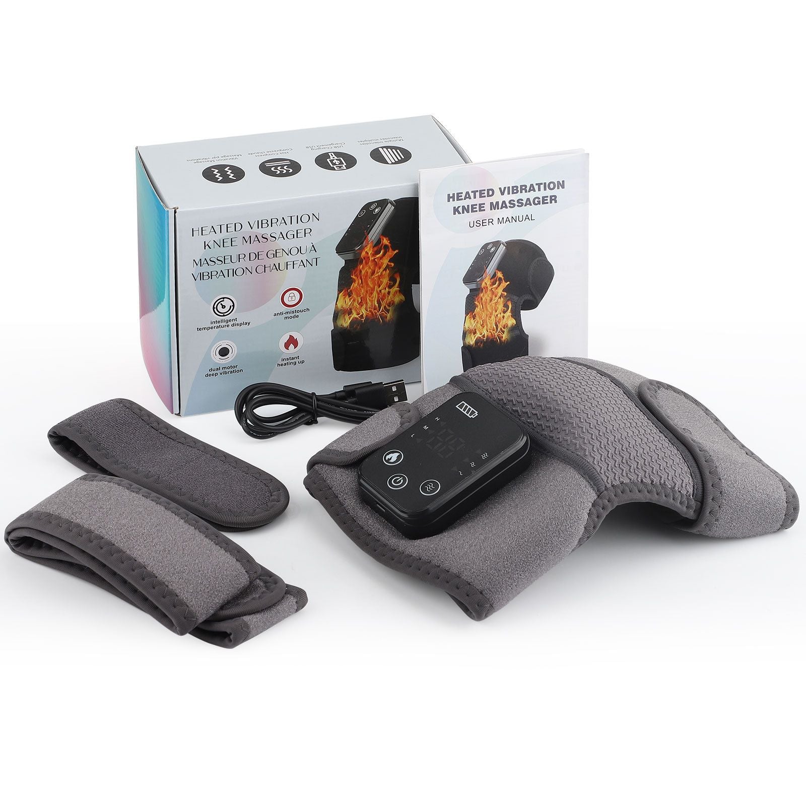 Heated Knee Massager with Heat Therapy – 3 Temp Levels, Vibration Massage, Rechargeable & Adjustable Straps(GREY)
