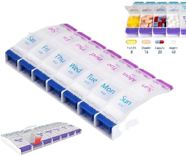 7 Day AM PM Pill Organiser, 14 Compartments Push Button Weekly Medicine Box, BPA Free Portable Pill Case for Vitamins Supplements Medication Travel Home Use