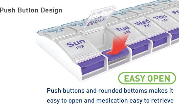 7 Day AM PM Pill Organiser, 14 Compartments Push Button Weekly Medicine Box, BPA Free Portable Pill Case for Vitamins Supplements Medication Travel Home Use