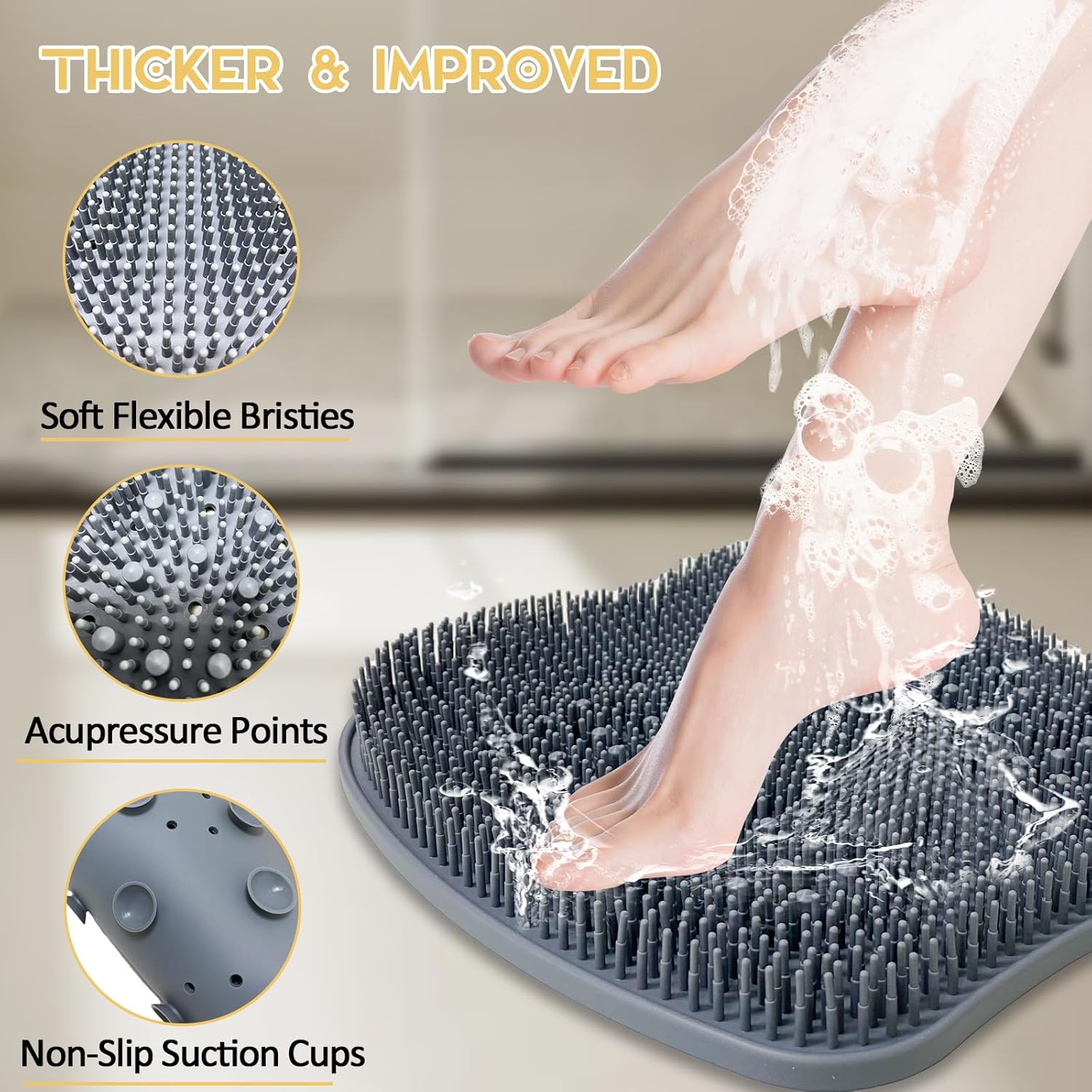 Extra Thicker & Larger Foot Scrubber Mat for Shower, Silicone Back Body Exfoliator Massager Cleaner Washer with Non Slip Suction Cup, Exfoliating Scrub Brush Pad Women Men Elderly