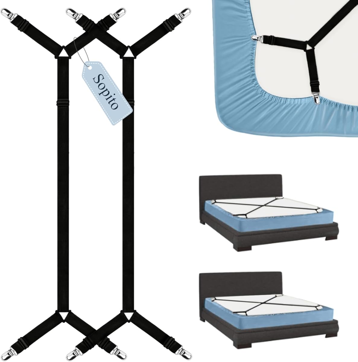 Sheet Straps, Adjustable Bed Sheet Suspenders Max Stretch from 29.5 in to 82.7 in Compatible for Crib to King Size Bed, Non Slip Holder Fasteners Clips, 2pcs/Black