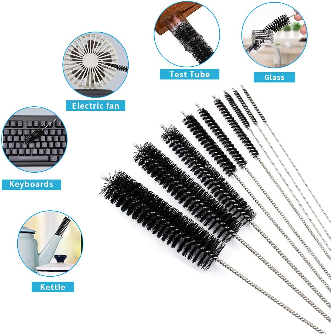 10PCS Flexible Drain Brush Straw Cleaner Brush Set,Pipe Cleaners Brush,61Inch Stainless Steel Double-Ended Hose Brush 8.2Inch Nylon Long CPAP Tube Cleaning Brush for Home Kitchen Sink Plumbing